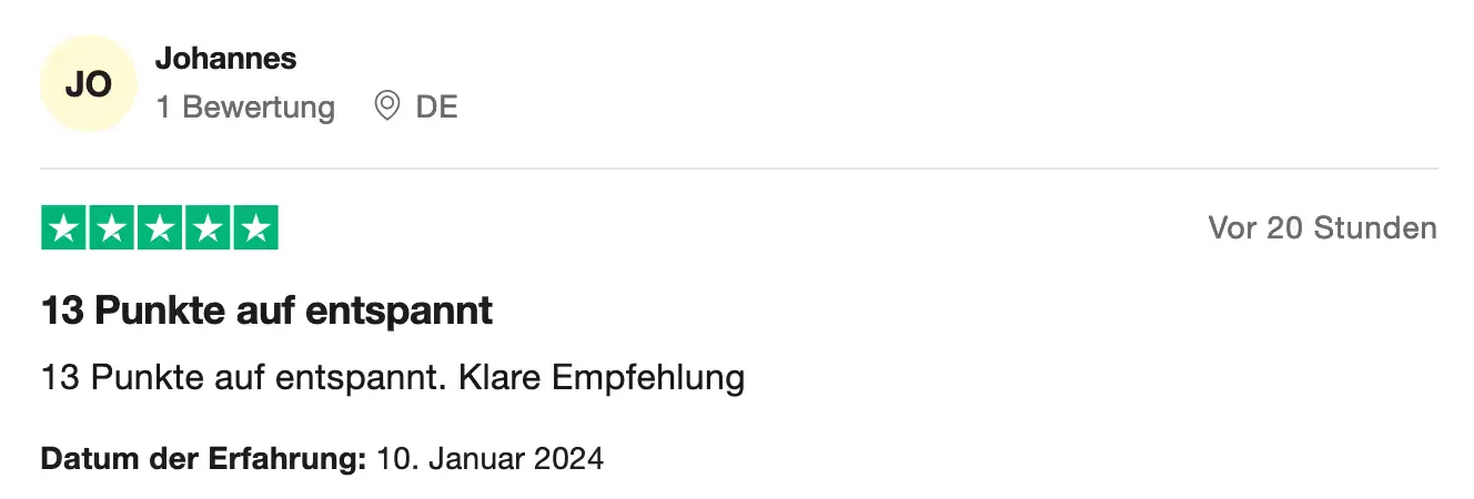 Trustpilot-review, 5 sterren (Duits): „13 punten, ontspannen. Echt een aanrader”